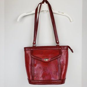 Coldwater Creek Red Embossed Leather Zipper Tote Bag